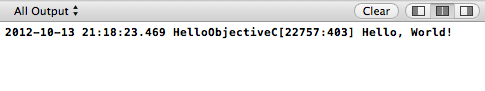 Xcode's Output Panel displaying 'Hello, World!'